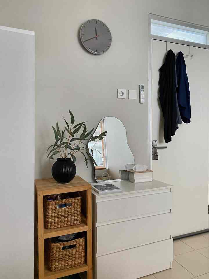 Small white-toned wardrobe space with wooden shelving, plant, and simple mirror arranged neatly in a minimalistic style