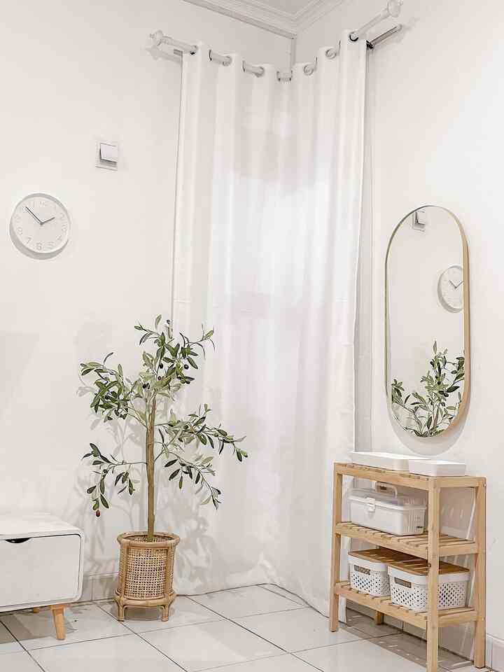 Bright white corner space featuring wooden shelf, oval mirror, and potted plant with a simple, spacious atmosphere