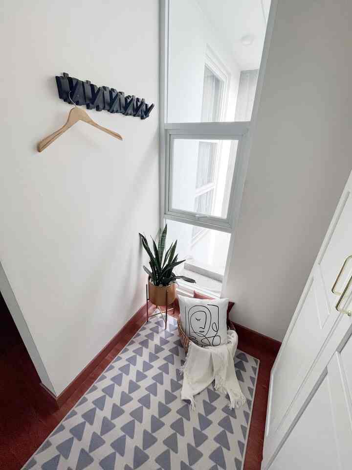 Small walk-in closet with white walls and wood tone flooring, featuring a window-side plant, patterned rug, and wall-mounted hanger for tidy storage