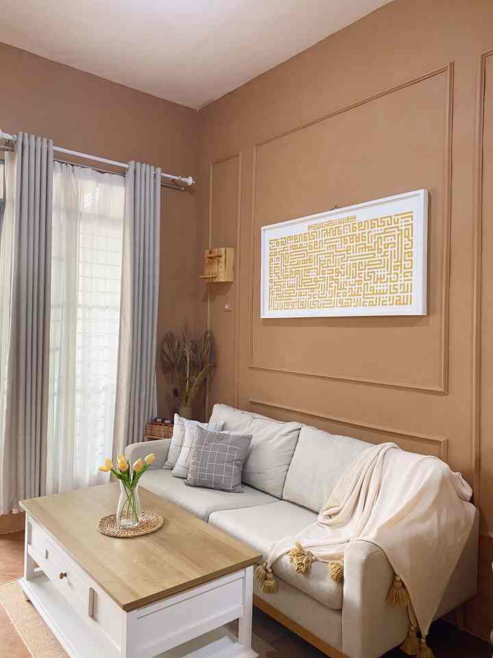 Warm brown-toned, 2.5x2.5m square living room with white furniture featuring a sofa and coffee table creating a cozy atmosphere