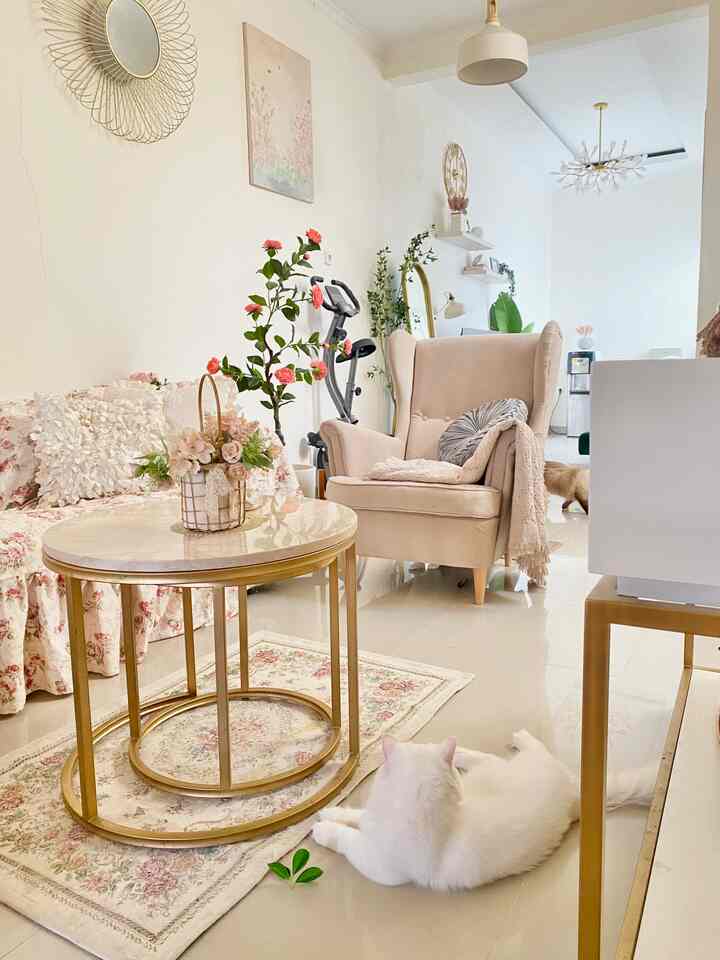 Gold and white toned living room featuring floral sofa, beige armchair, flower decor, and a white cat lounging comfortably