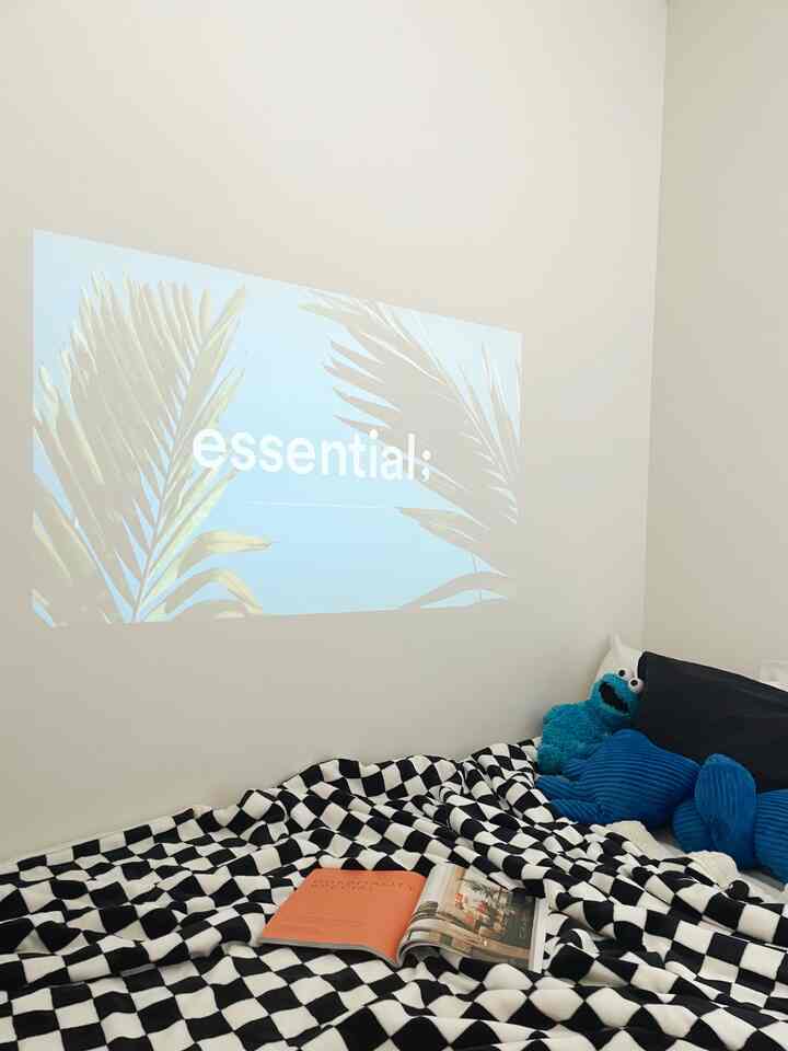 Monotone bedroom with white walls and a black-and-white checkered bedspread, featuring a projector screen on the wall.