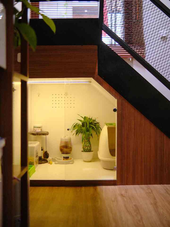 A wood-tone and white pet cat room under stairs featuring a cat tower, automatic feeder, and litter box, creating a neat space