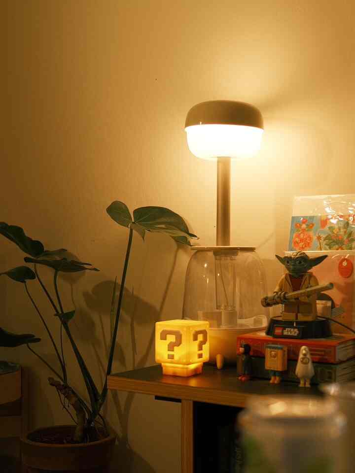 Cozy space featuring warm beige walls and a desk with lighting and collectible figurines