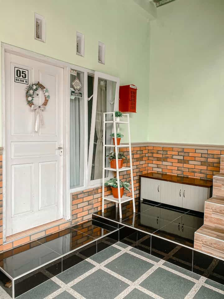 Soft green-walled veranda entrance featuring wood tone stairs, white door, and potted plants with cozy atmosphere