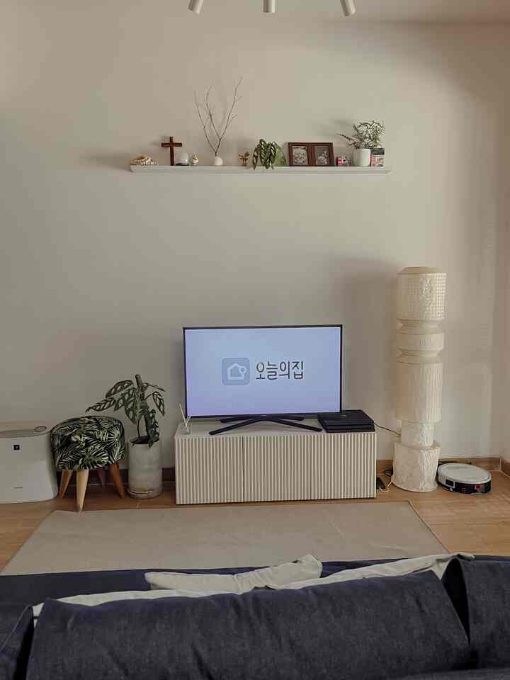 Ivory-toned living room featuring a dark blue sofa, floor lamp, plants, and a TV stand creating a cozy atmosphere.
