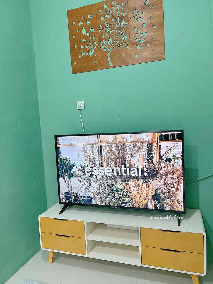 Small living room with turquoise walls and wooden wall art, featuring a TV on a white TV stand creating a cozy atmosphere