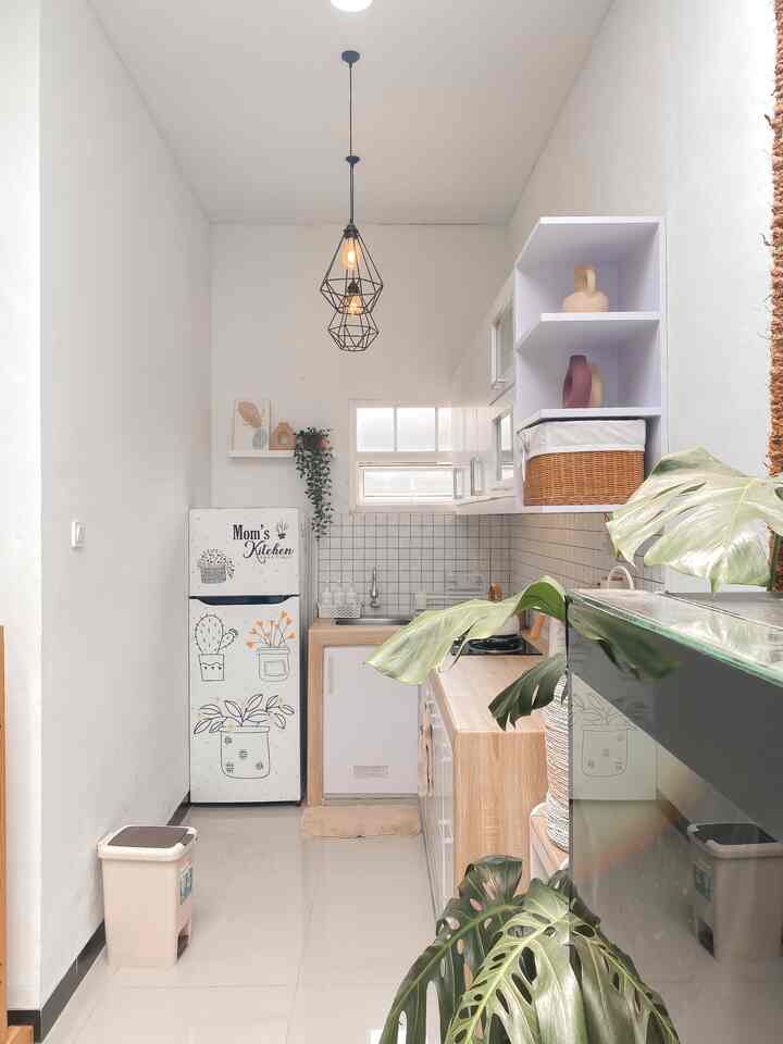 Compact 2x2.5m kitchen with white and wood tones, featuring efficient storage ideas and natural plant decoration