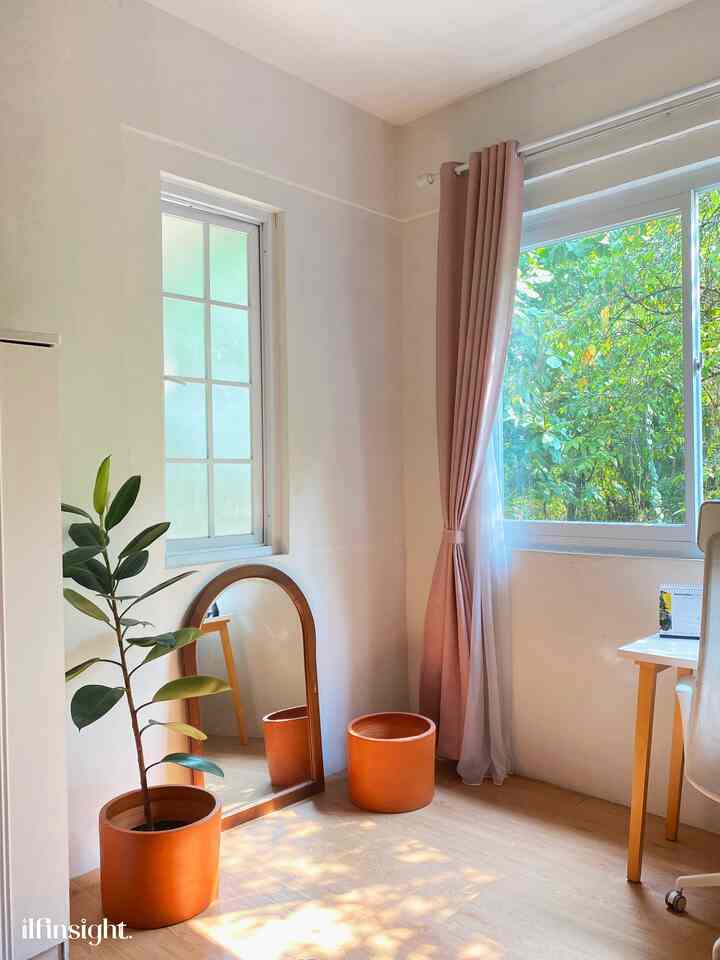 Natural-toned cozy small bedroom featuring large windows with pink curtains, a green plant in terracotta pot, and wood flooring bathed in natural light