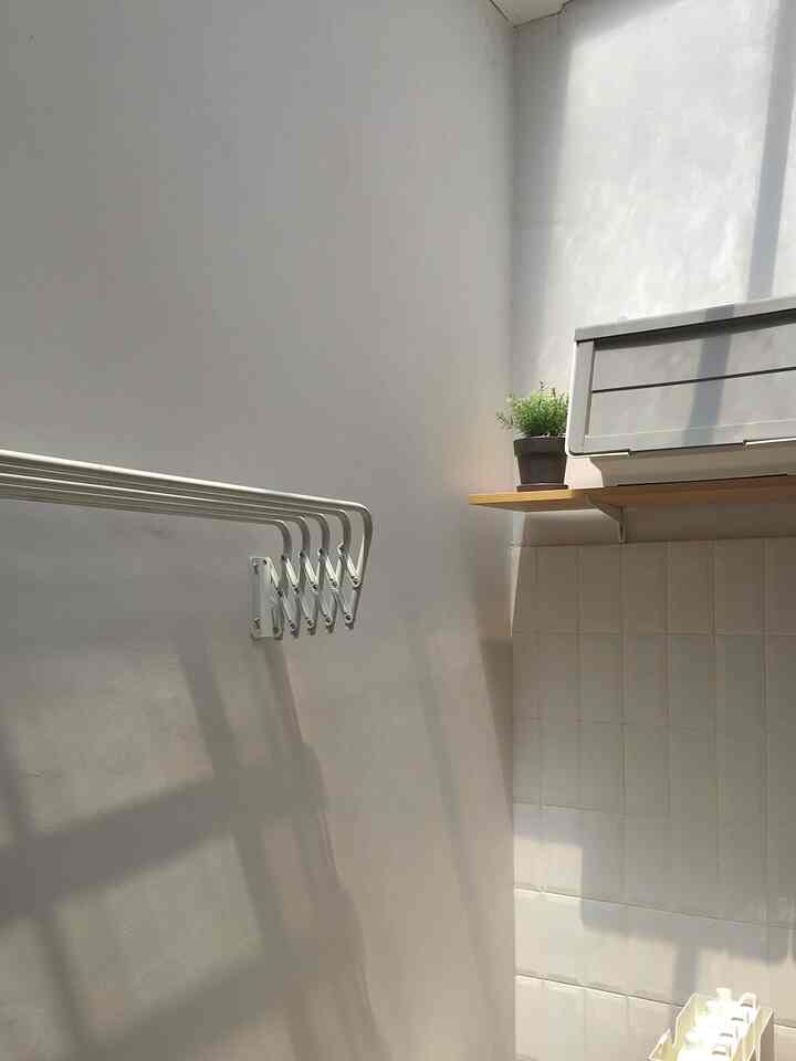 White walls and tiled backsplash, wood shelf with plant, and wall-mounted drying rack in a long narrow laundry room