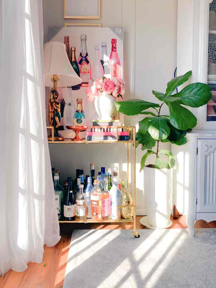 Bright and warm living room featuring a gold bar cart, white sheer curtains, and a green plant