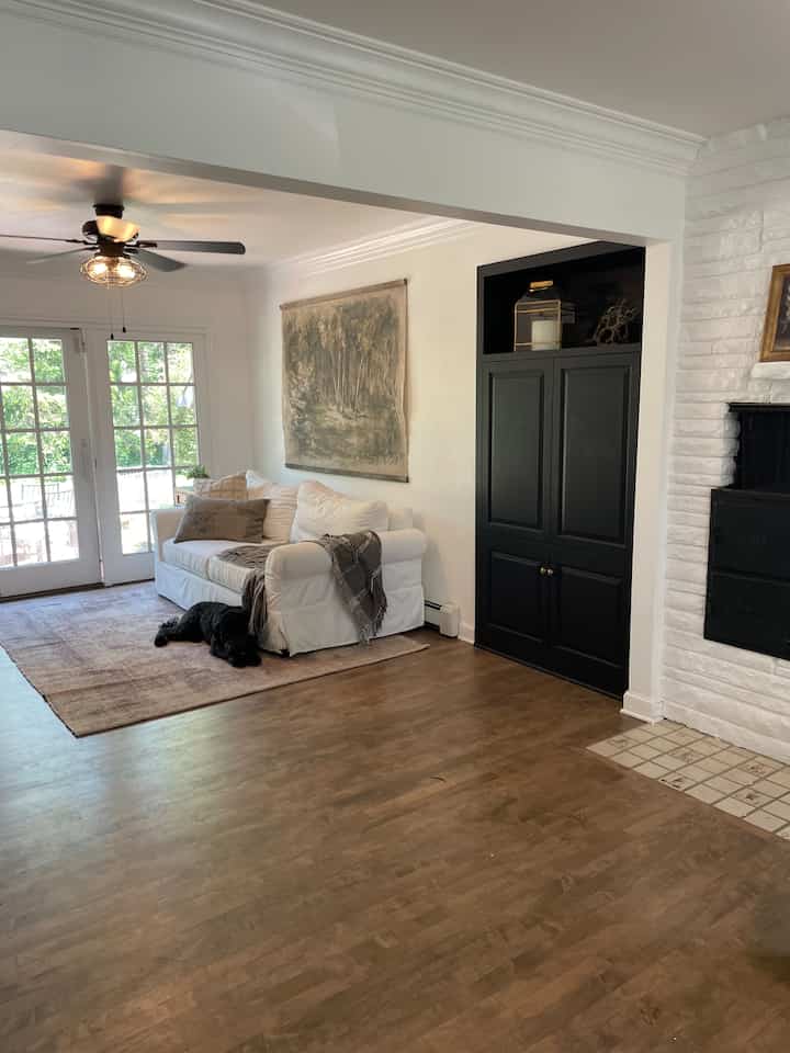 White and black toned living room featuring a white sofa, brown rug, and black dog creating a natural cozy atmosphere