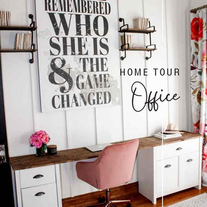 My home office has storage galore with a gorgeous vintage storage cabinet I picked up from a local antique store. I love the blend of vintage and modern in this space. #homeoffice #officedecor #vintagefinds