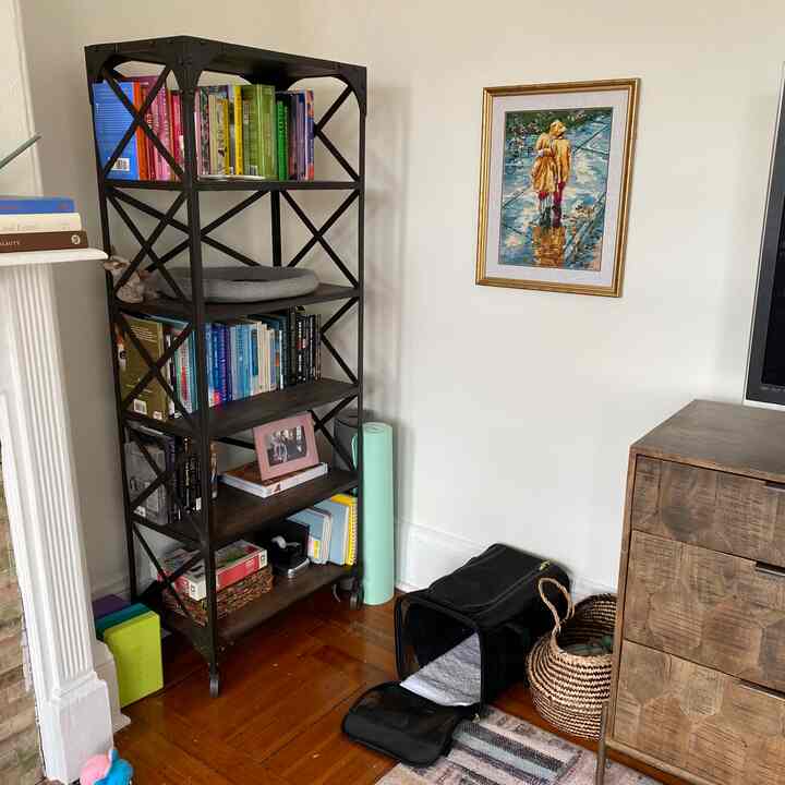 Natural study space with white walls and wooden floors, featuring a bookshelf with books organized by color