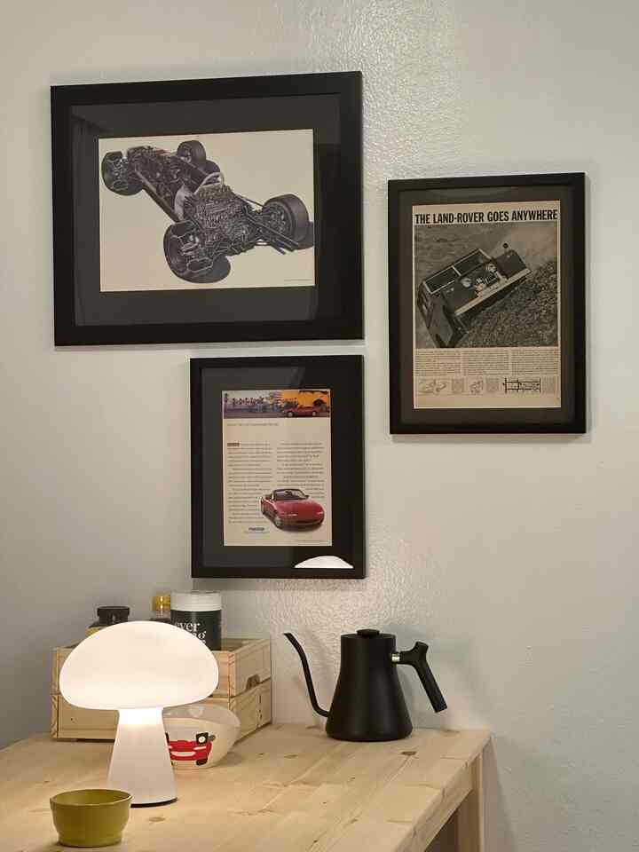 Welcome to my dining area, so far a work in progress…&nbsp;<span data-sheets-root="1" style="color: rgb(0, 0, 0); letter-spacing: normal; font-size: 10pt; font-family: Arial;">Just brewing my morning coffee. Love how the little mushroom lamp throws a soft light on the counter.</span>&nbsp;#diningroom 
#diningtable 
#diningroominterior 
#artwall 
#frame 
#automotive #lamp