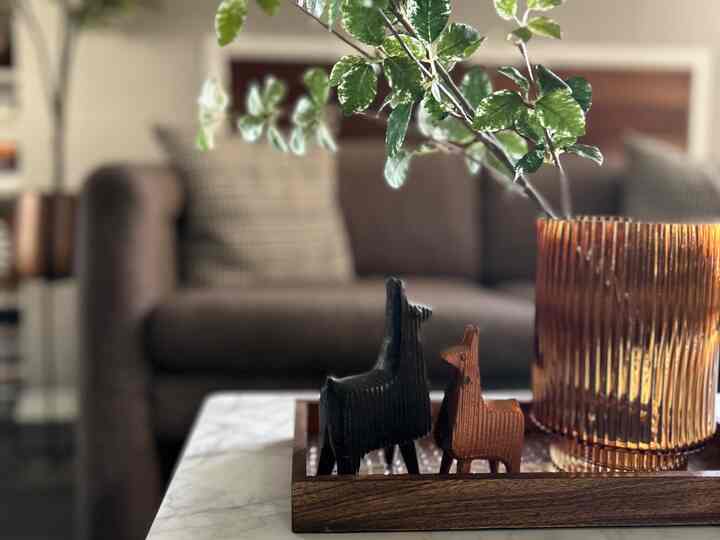 Brown-toned living room featuring a brown sofa and animal objets on a mosaic tray, creating a cozy atmosphere