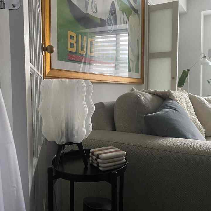 Natural toned living room featuring a gray sofa and a wavy table lamp creating a cozy atmosphere