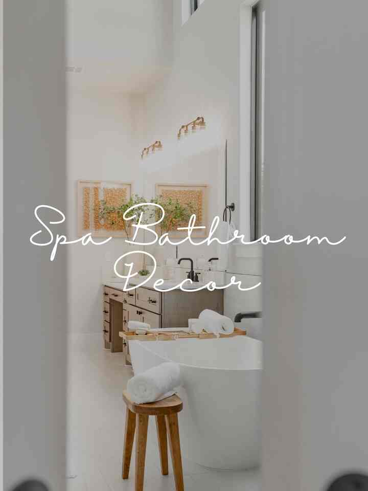 Come on Spa bathroom decor! Imagine coming home from a long day out at work to a serene neutral palette bathroom with touches of brass, natural wood and greenery 🌿. This is every girl's dream and makes it difficult to leave. But in order to achieve a spa-like vibe, I have to include a few must-haves, such as glass canisters filled with tub accessories, a wood bath caddy, TONS of candles 🕯️ and diffusers and of course a nice glass of wine! How do you like to unwind? 

#spa #bathroom #bathaccessories