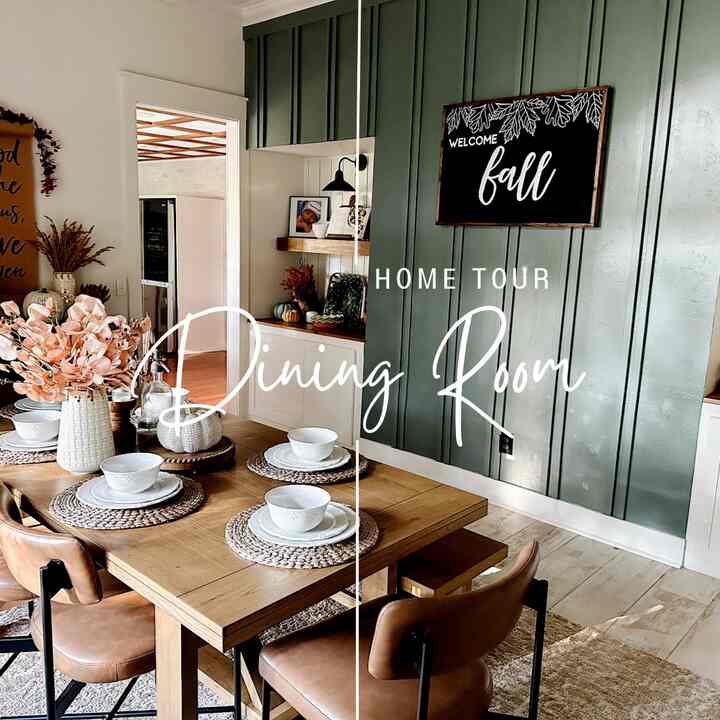 Gaya saya terus berkembang dan berubah, itulah sebabnya dinding aksen ini dicat 3 warna dalam 3 tahun. Saya menyukai warna hijau bijak yang netral dan kehangatan yang dibawanya ke ruangan ini. Kamar ini ditata dengan perabotan dan dekorasi rumah pertanian modern. #modernfarmhouse #diningroomdecor #diningroom