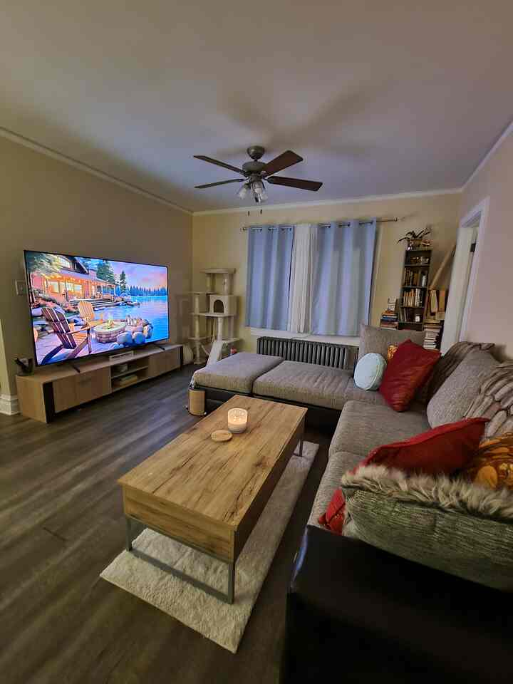 Natural-toned living room featuring a sectional sofa, coffee table, and cat tree with a cozy atmosphere