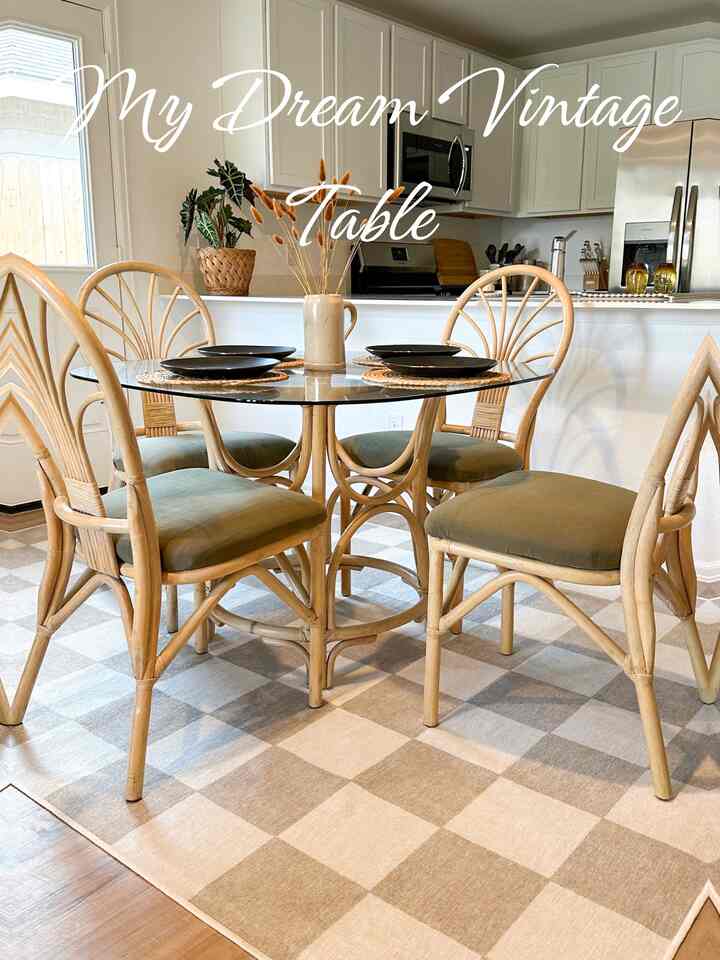 The table of my dreams!!! I scored this beauty for under $80 bucks and reupholstered the seats ✨

This is officially one of my favorite parts of the house! 

#vintage #wickertable #bohemianstyle #checkerboardrug  #wicker #bohostyle #bamboo 