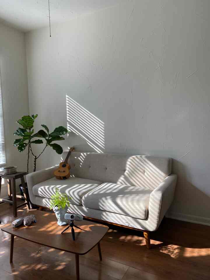 Beige sofa and wooden coffee table in a wood-toned, natural color living room space