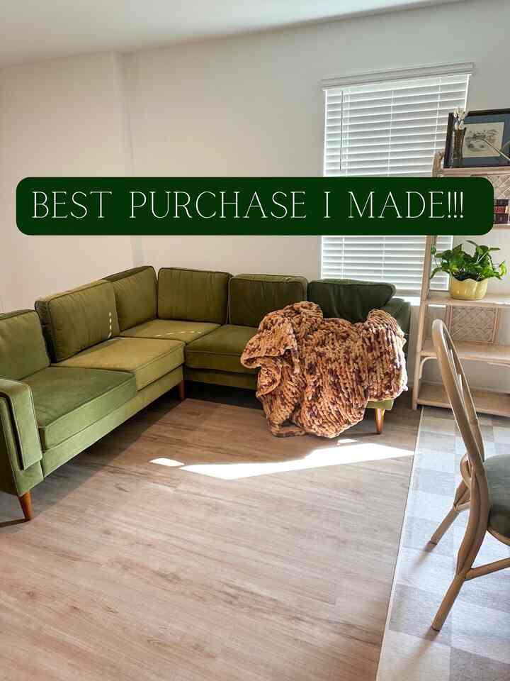 What’s the best purchase that I made so far as a new home owner? Ummm, it would 100% have to be my couch! It is the perfect L shape couch that gives you enough room to host, watch movies, snuggle with the dogs, etc., while not taking up all your living room space. Oh, and that green color is to DIE for!!! 

#bohemiandecor #thrifteddecor #mcmstyle #midcentury #wicker #bamboo


