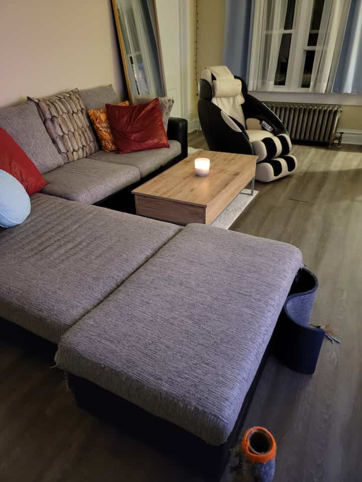 You might think that this unassuming #ottoman is just a regular ottoman,

but its not. 

As you slide, you will see that it opens and doubles as #storage which contains one of the key elements of being #cozy; fluffy #blankets. 

This storage ottoman does an excellent job of keeping our blankets fresh and clean, as well as safe from the #cats ;)