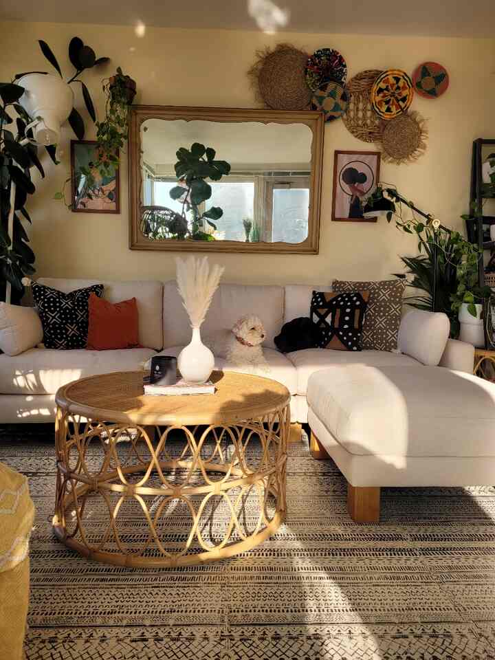 Beige-toned living room featuring rattan coffee table, beige sofa with dog and lush plants creating a warm atmosphere