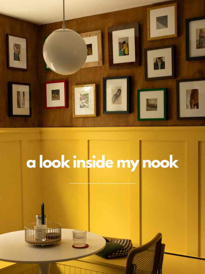 In my home, the kitchen nook is a blend of mid century modern and '70s diner styles. The tulip nook table, with its sleek design, commands attention as the central piece. Encircling it are the rattan chairs, evoking a sense of nostalgia.

Adorning the walls are frames from Framebridge, each preserving cherished memories. Above, the mid century globe provides warm, ambient lighting, creating a cozy atmosphere for gatherings.

On the table, Molly Baz’s Crate &amp; Barrel holding a Maison Margiela replica candle and felt coasters, not only protecting the table but also adding a practical touch to this carefully curated nook. This space has become a favorite spot, offering a glimpse into the past while enjoying the present.

#midcenturynook #moderndiner #kitchennook
