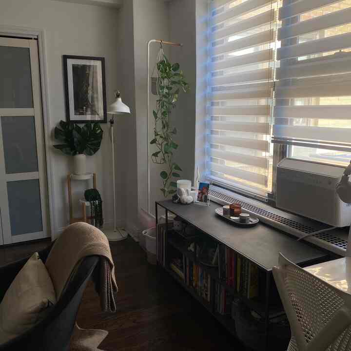 Natural color living room featuring armchair and TV stand with plants creating a cozy atmosphere
