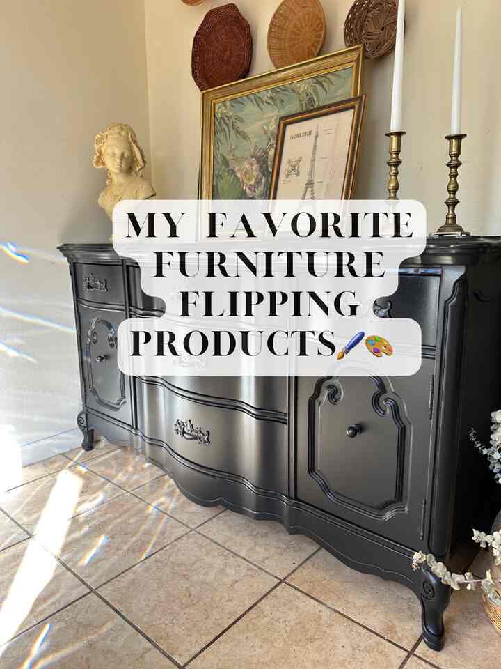 Black-toned elegant space featuring a vintage French Country dresser centrally placed with vintage decor elements