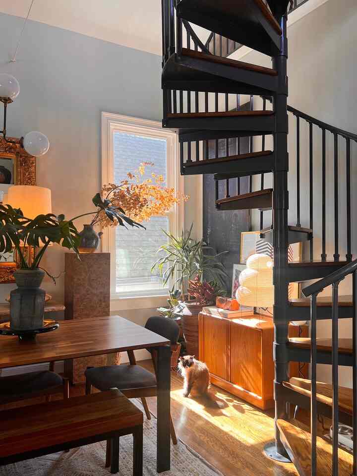 Warm wood tones and black steel spiral staircase in blended living and dining room with sunlit cat and lush plants