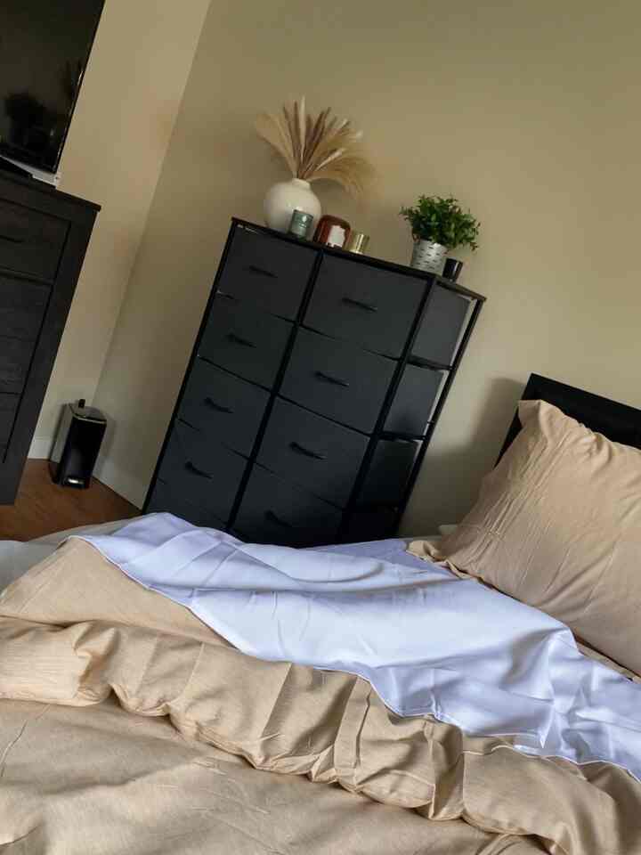 Beige-tone bedroom featuring a bedspread and a black chest of drawers on the left, creating a cozy space