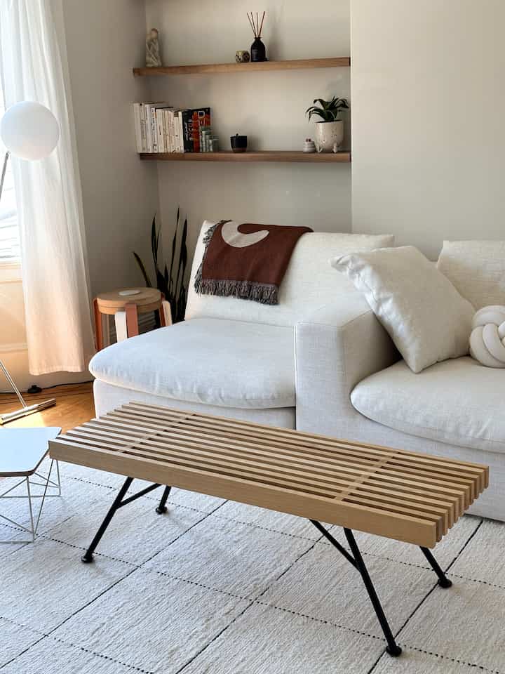 newest FB marketplace find -  beautiful oak wood slatted bench. new favorite coffee table for the living room 🤍
#japandi #mcm #neutral #apartment #interior 