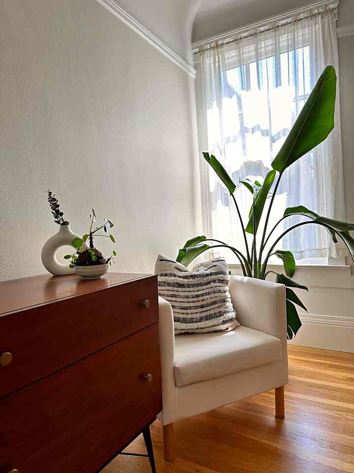 Who doesn’t love a comfy nook by a sunny window? I love how the white vase matches the natural shape of the kokedama too #plants #readingspace #sunlight #modern #midcentury 