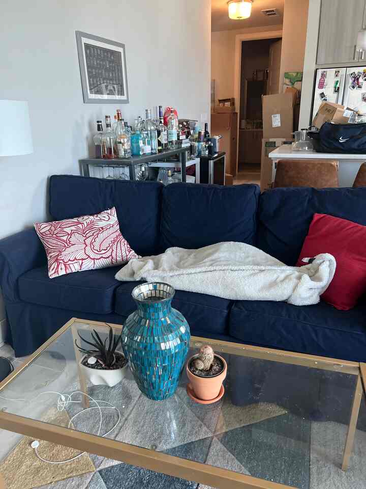 Cozy living room with navy sofa and bar cart featuring home bar elements