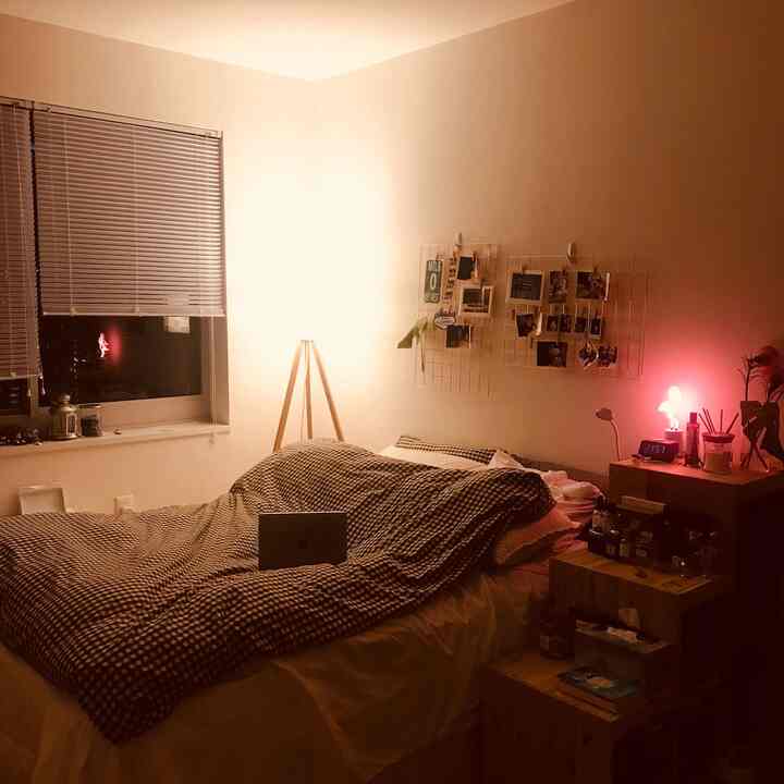 Cozy small bedroom in warm brown and white tones, featuring a checkered bedding and nightstand lamps creating a comfortable atmosphere
