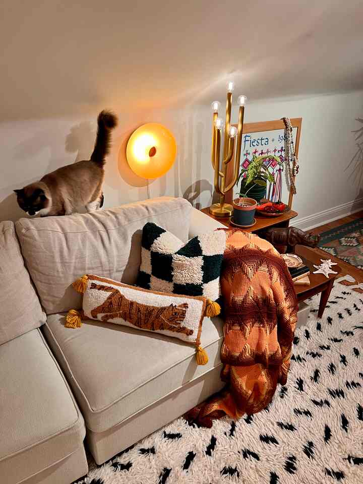 Natural color and wood tone loft living room featuring beige sofa and a cat, creating a cozy atmosphere