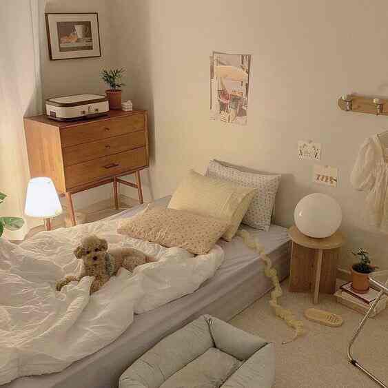 Warm natural-toned 6-tatami bedroom featuring a bed, wood tone furniture, bedding, and a small dog creating a cozy atmosphere