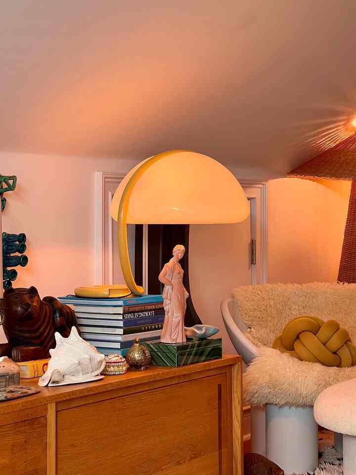 <span data-sheets-root="1" style="letter-spacing: normal; font-size: 11pt; font-family: Arial; color: rgb(47, 52, 56);">Favorite lamp in this loft is this Serpente lamp in a rare yellow colorway! #mushroomlamp #lamp #chair #homedecor</span>