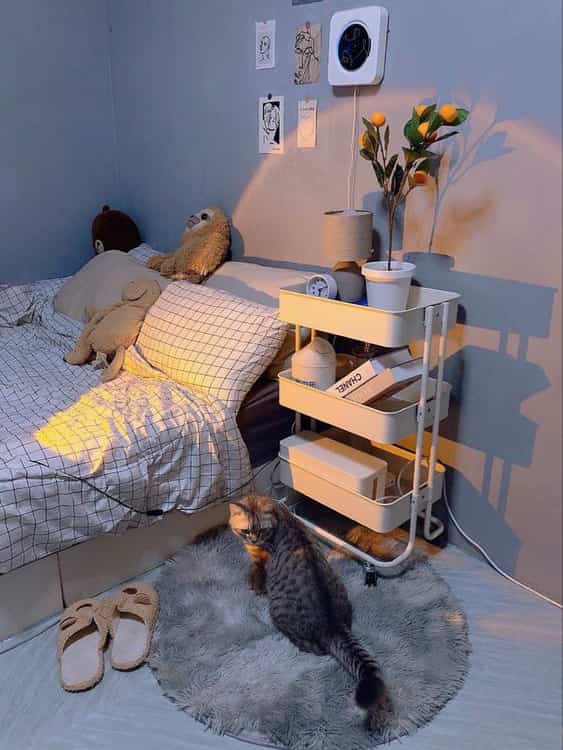 Minimal natural-toned bedroom featuring a white kitchen cart, a cat on a soft rug, and cozy bedding