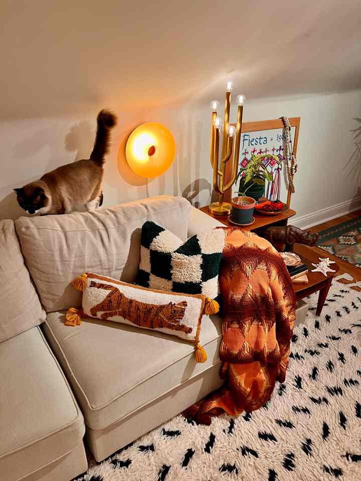 Cozy natural living room with beige sofa, cat on sofa back, orange wall sconce, cushions, and warm lighting