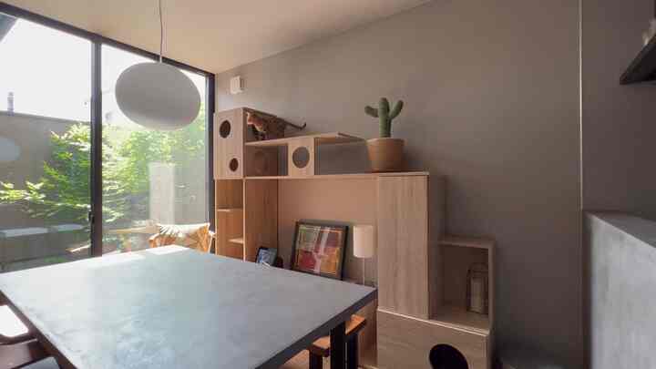 Natural-toned dining room with a large gray dining table, wooden cat tower, and green plants visible through large window, warm atmosphere