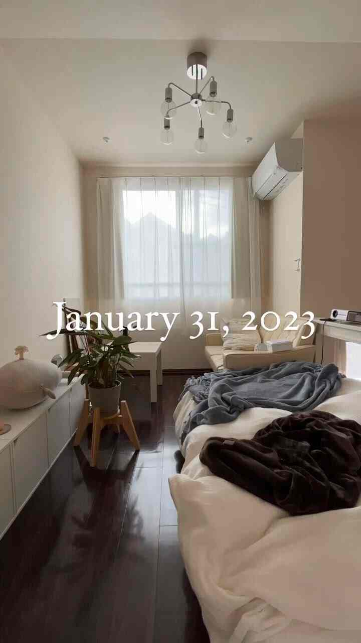 白を基調とした壁と茶色の木製床が調和する6畳の一人暮らし向けスタジオ、モダンな家具配置が印象的な空間