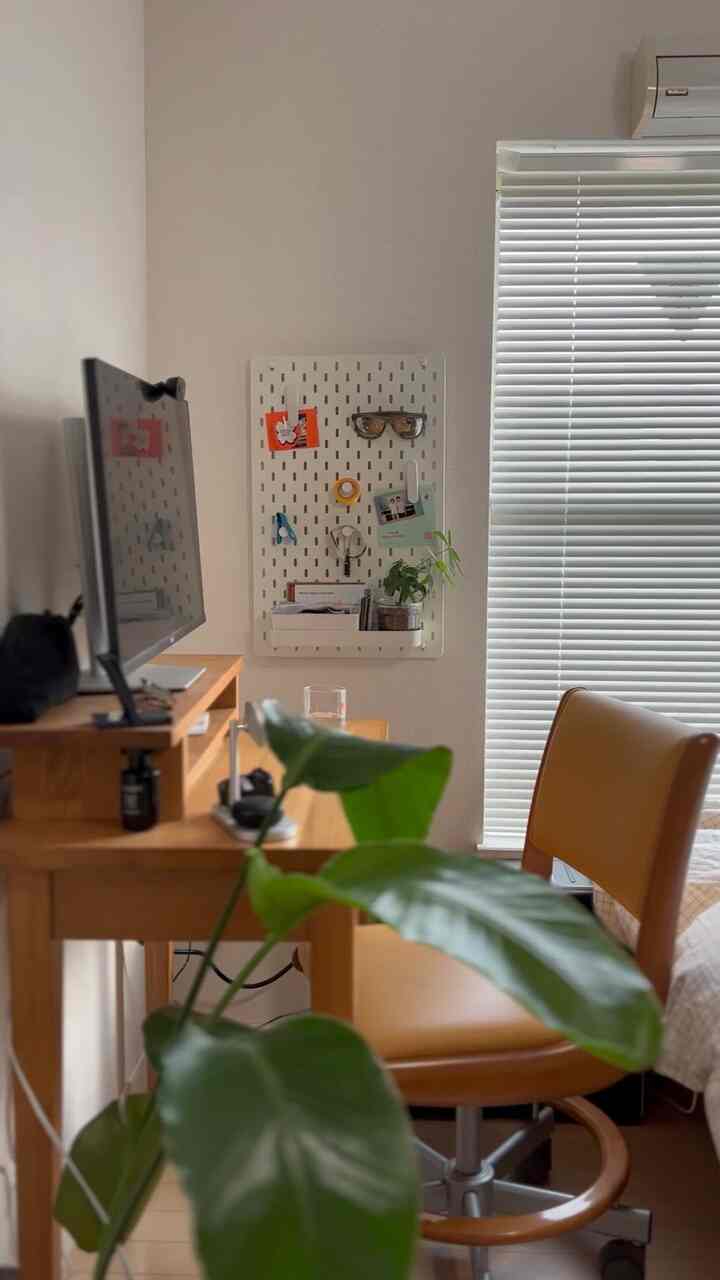 White-walled Nordic-style studio featuring wood tone desk, office chair, and plant for single household home office