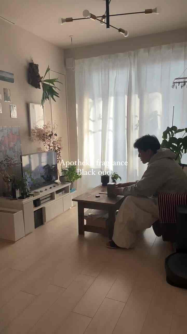 明るい木目調のナチュラルなリビング、木製のローテーブルとソファ、観葉植物が配置された落ち着いた空間