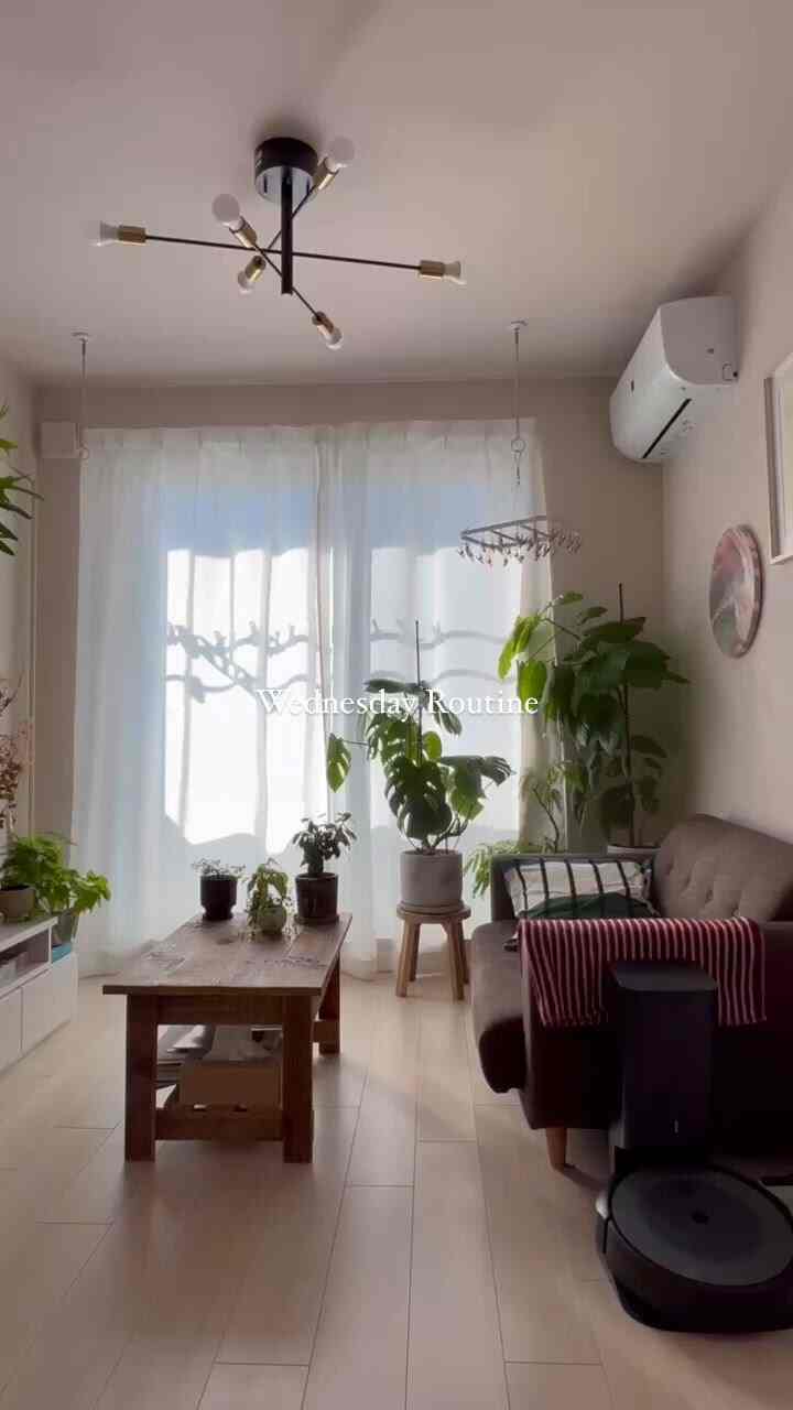 明るい木目調の床と白いカーテンのナチュラルなリビング、ソファとローテーブル、多数の観葉植物が配置されたシンプルな空間