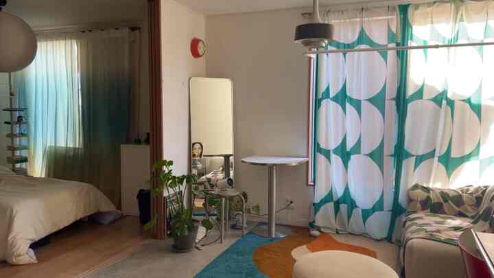 白と緑のトーンの1LDKリビングと寝室、ミッドセンチュリーモダンのカーテンとソファが配置された落ち着いた雰囲気のインテリア