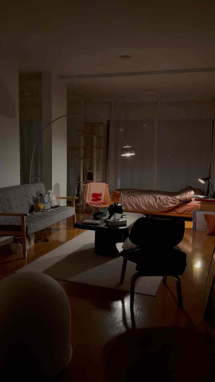 Studio apartment with brown wood flooring and natural toned furniture, featuring bedspread, armchairs, and floor lamp creating a warm atmosphere